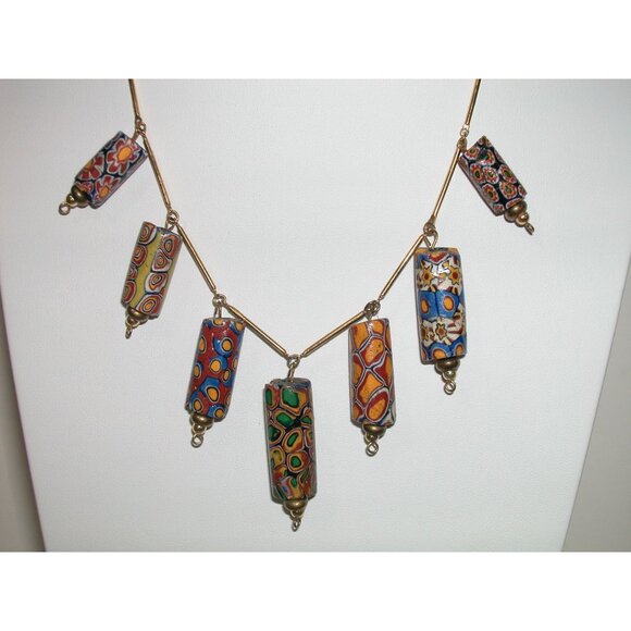 Vintage Millefiori Glass Bead Necklace With Gold-Tone Bar Links & Spring Ring - Picture 1 of 6